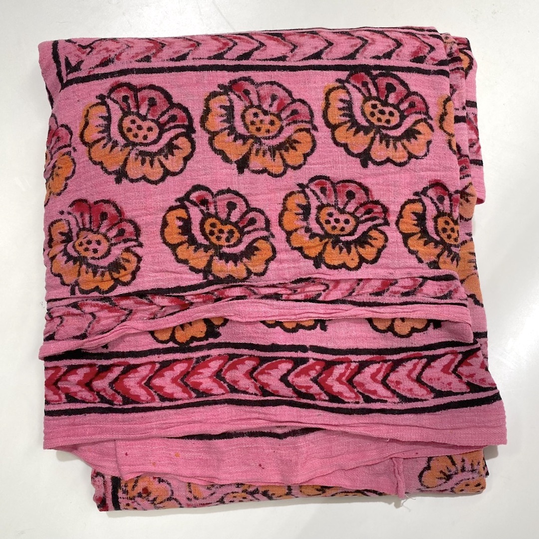 BLANKET, Bedspread - Indian Cotton - Pink Orange Floral Print (has 2 holes in middle)  